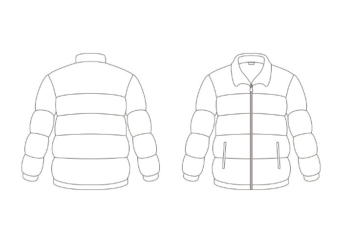 Down jacket long sleeves (with pockets) collar open clothing template front and back white