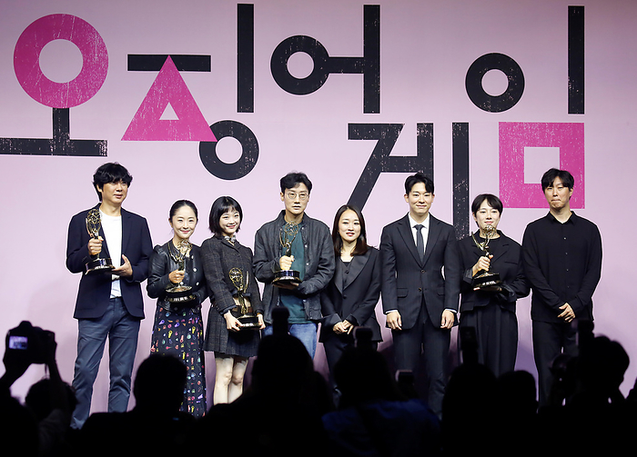 Press conference celebrating six Emmy titles of  Squid Game  in Seoul  L R  Cheong Jai Hoon, Chae Kyoung Sun, Lee Yoo Mi, Hwang Dong Hyuk, Kim Ji Yeon, Lee Tae Young, Kim Cha I and Shim Sang Min, Sep 16, 2022 : VFX Supervisor Cheong Jai Hoon of  Squid Game  whose team won the Emmy for Outstanding Special Visual Effect, production designer Chae Kyoung Sun, a winner of the Emmy award for the best production design for a narrative contemporary program, actress Lee Yoo Mi, a winner of the Emmy award for outstanding guest actress in a drama series, director Hwang Dong Hyuk, a CEO of Cyron Pictures and producer of  Squid Game  Kim Ji Yeon, stunt performers Lee Tae Young, Kim Cha I and Shim Sang Min who helped the series win the Outstanding Stunt Performance Emmy, pose at a press conference held to celebrate the Netflix series  six Emmy wins in Seoul, South Korea. The South Korean survival drama tv series created by Hwang Dong Hyuk for Netflix bagged a total of six Emmy titles including best director for Hwang and best drama series actor for Lee Jung Jae at the 74th edition of the Primetime Emmy Awards. The Netflix original became the first non English TV show ever to win the Emmys that recognize outstanding TV programming for the year in the United States.  Photo by Lee Jae Won AFLO   SOUTH KOREA 