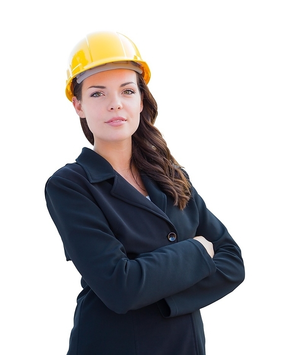 Female contractor in hard hat isolated on white, Photo by Andy Dean