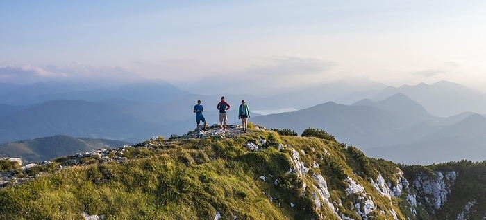 Three hikers at the summit, hiking to the Benediktenwand, mountains and landscape, Bavarian Alpine foothills, Benediktbeuern, Bavaria, Germany, Europe, Photo by Moritz Wolf