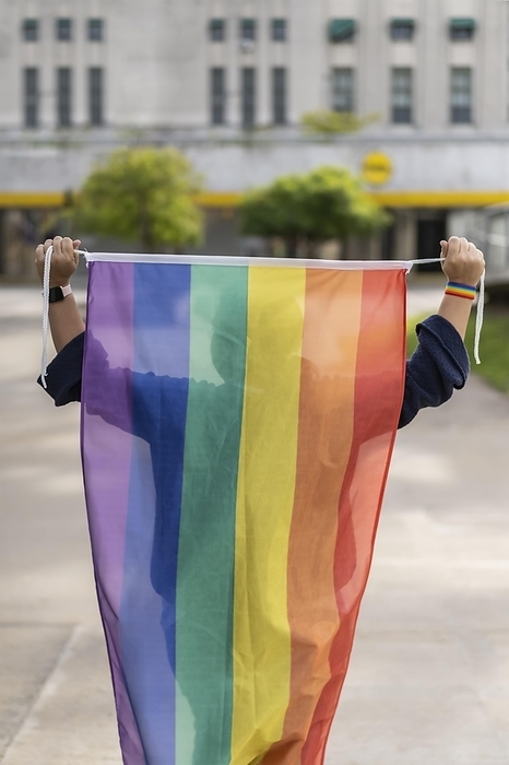 Woman from the back holding lgbt flag, Photo by Mariano Gaspar