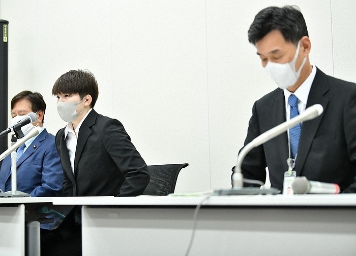 Defense Ministry Apologizes for Sexual Assault by Male Troops Victim Rina Gonoi  center , a former first lieutenant, attends a press conference about her sexual assault victimization in the Japan Ground Self Defense Force. On her right is Kazuhito Machida, Director General of the Personnel and Education Bureau of the Ministry of Defense, at the First House of Representatives in the House of Representatives on September 2, 2022. September 9, 2022, photo by Hiroshi Maruyama
