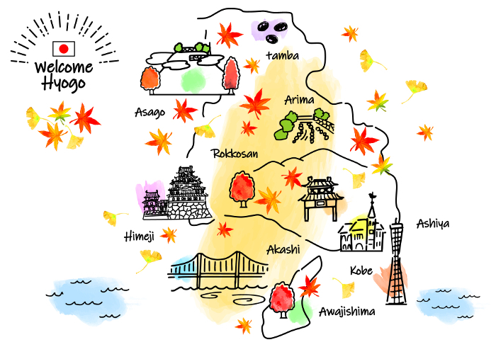Simple line drawing illustration map of tourist attractions in Hyogo Prefecture in autumn.