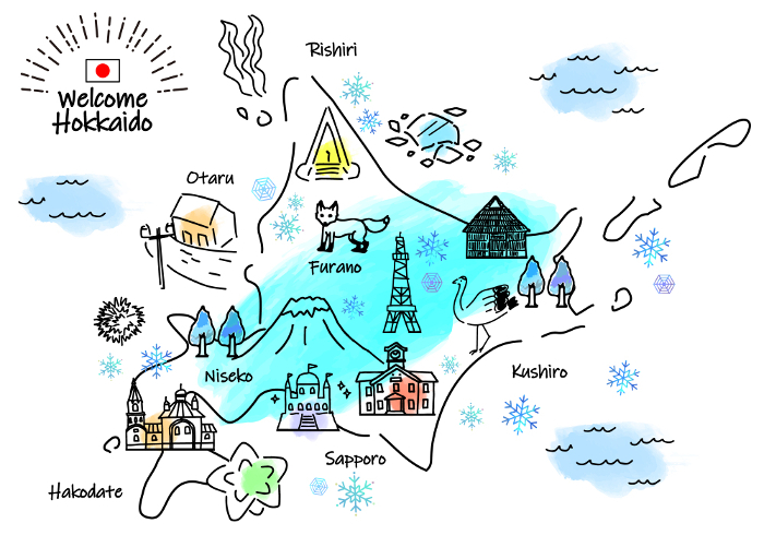 Simple line drawing illustration map of Hokkaido tourist attractions in winter