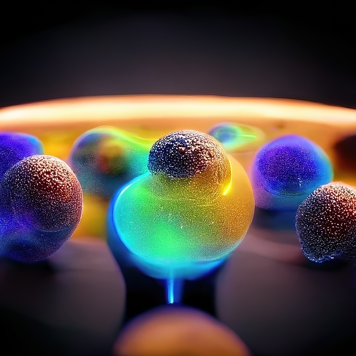 Subatomic particles and atoms, conceptual illustration Subatomic particles and atoms, conceptual illustration., by RICHARD JONES SCIENCE PHOTO LIBRARY