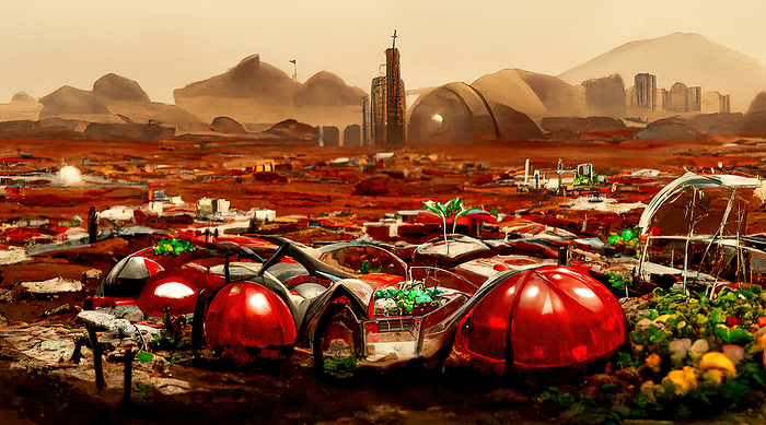 Mars colonization, illustration Conceptual illustration of a colony settlement on the planet Mars that would begin as a base and progress into a sustainable living city with the possibility of terraforming the planet to alter it in such a way that it could sustain human and terrestrial life., by RICHARD JONES SCIENCE PHOTO LIBRARY