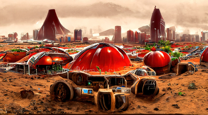 Mars colony, conceptual illustration Conceptual illustration of a colony settlement on the planet Mars that would begin as a base and progress into a sustainable living city with the possibility of terraforming the planet to alter it in such a way that it could sustain human and terrestrial life., by RICHARD JONES SCIENCE PHOTO LIBRARY