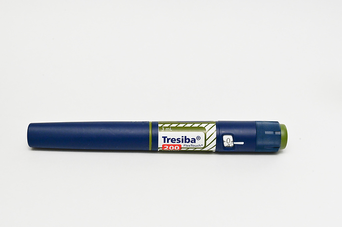 Tresiba insulin medication Pre filled pen of degludec insulin medication marketed as Tresiba. This medication is an ultra long acting basal insulin used in the treatment of type 1 and type 2 diabetes. Insulin plays an important role in blood sugar regulation. Insufficient production of insulin leads to an accumulation of glucose in the blood causing diabetes. Tresiba is administered through subcutaneous injection., by DR P. MARAZZI SCIENCE PHOTO LIBRARY