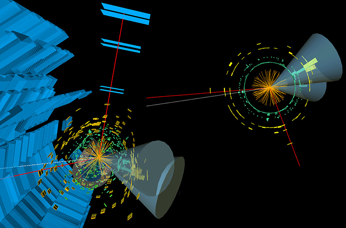 Triple boson event, ATLAS detector 3D computer graphic of two views of a candidate triple boson event detected by ATLAS  A Toroidal LHC Apparatus  at CERN, the European particle physics laboratory in 2017. This event shows three W bosons decaying into two muons  light blue boxes, tracks shown as red lines , two hadronic jets  blue cones  and missing transverse energy  dashed white line . W bosons are elementary particles that mediate the weak nuclear force., by  ATLAS Collaboration CERN SCIENCE PHOTO LIBRARY