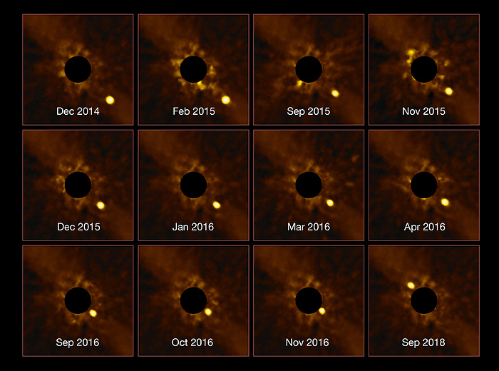 Exoplanet passing around its parent star, VLT image Very Large Telescope  VLT  image using its SPHERE instrument showing exoplanet Beta Pictoris B passing around its parent star from 2014 to 2018. The exoplanet is 63 light years away in the constellation Pictor. It was originally discovered using the NACO instrument at the VLT., by EUROPEAN SOUTHERN OBSERVATORY Lagrange SPHERE consortium SCIENCE PHOTO LIBRARY