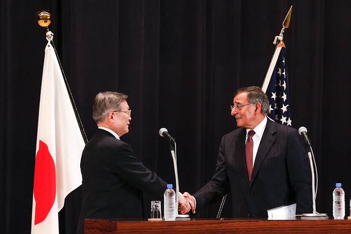 Japan and U.S. Defense Ministers Meet Osprey Deployment and Other Issues Discussed September 17, 2012, Tokyo, Japan   U.S. Defense Secretary Leon Panetta, right, and his Japanese counterpart Satoshi Morimoto shake hands following a joint news conference at the Defense Ministry in Tokyo on Monday, Septembeyr 17, 2012. U.S. and Japan have agreed to put a second defense system in Japan aimed at protecting Japan and the U.S. homeland from the North korean threat.   Panetta is on his third trip to Asia in 11 months, reflecting the Pentagon s ongoing shift to put more military focus on the Asia Pacific. His visit to Japan also included discussions with Morimoto about the deployment of MV 22 Ospreys to the southwestern island of Okinawa, where people have protested the hybrid aircraft s planned use, saying they are unsafe.  Photo by AFLO  UUK  mis 