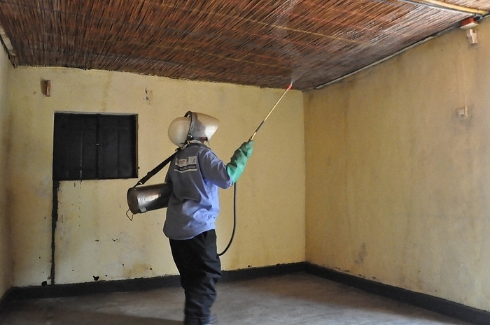 Person in charge of spraying indoor walls with mosquito repellent. A person in charge sprays mosquito repellent on an indoor wall in Ngoma District, eastern Rwanda, at 0:10 p.m. on September 6, 2022  photo by Tomoko Igarashi.