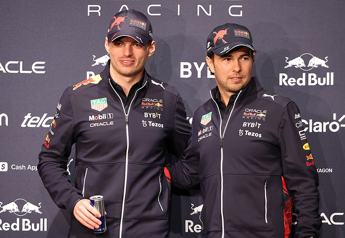 Red Bull Racing F 1 drivers Max Verstappen and Sergio Perez hold a press conference October 5, 2022, Tokyo, Japan   Red Bull Racing Formula 1 drivers Max Verstappen  L  of Netherlands and Sergio Perez  R  of Mexico pose for photo at a press conference in Tokyo on Wednesday, October 5, 2022. Formula 1 Japan Grand Prix will be held at the Suzuka circuit on October 9.    Photo by Yoshio Tsunoda AFLO 