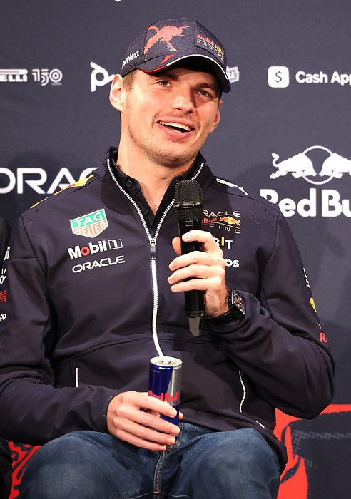 Red Bull Racing F 1 drivers Max Verstappen and Sergio Perez hold a press conference October 5, 2022, Tokyo, Japan   Red Bull Racing Formula 1 driver Max Verstappen of Netherlands speaks at a press conference in Tokyo on Wednesday, October 5, 2022. Formula 1 Japan Grand Prix will be held at the Suzuka circuit on October 9.    Photo by Yoshio Tsunoda AFLO 
