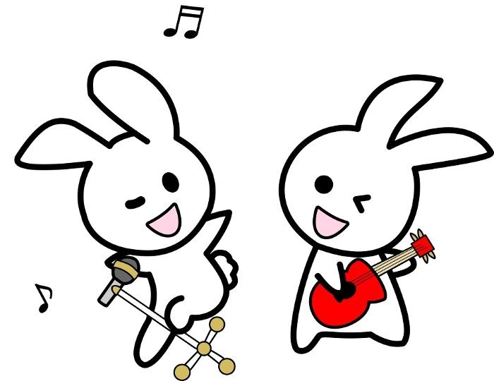 Illustration of two rabbits with a simple, cool, and cute rock singing vocalist and a red electric guitar.