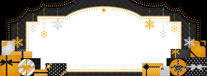Old-time theater-style frame and background material: Pile of presents & snow ornament / black (landscape banner)