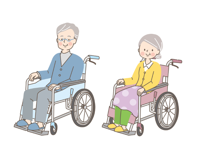 Seniors, men and women in wheelchairs, smiling.