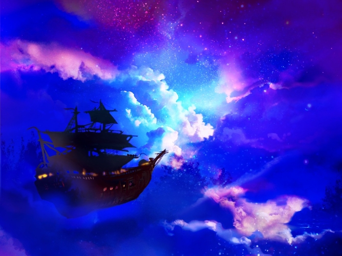Fantasy background scenery illustration of a pirate ship-like airship drifting in the moonlit night sky.