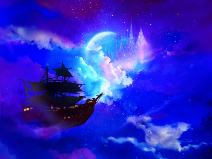 Fantasy background scenery illustration of a pirate ship-like airship drifting in the moonlit night sky.