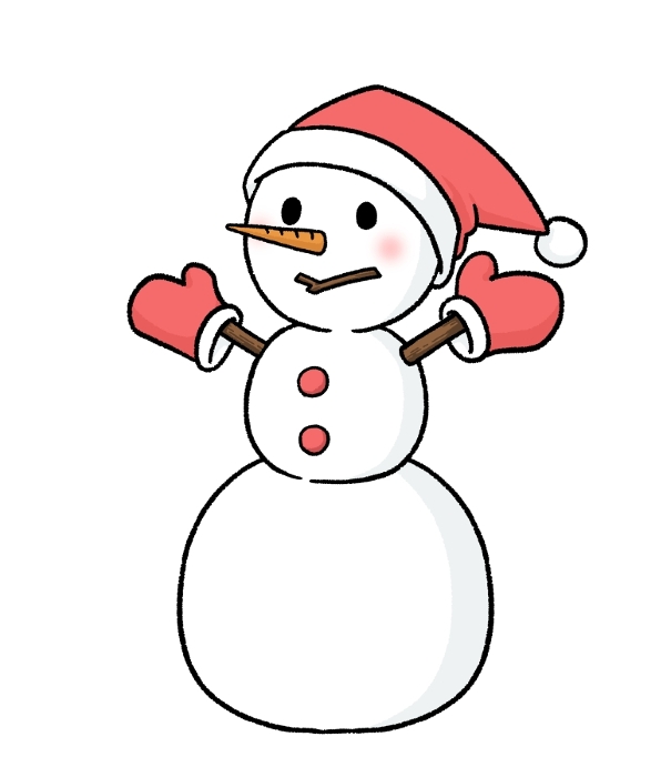 Three-tiered snowman wearing gloves and Santa hat