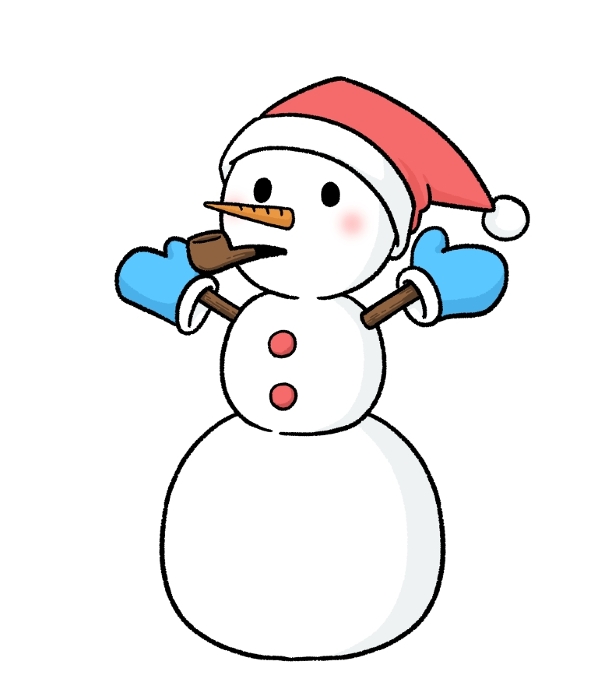 Three-tiered snowman wearing gloves and a Santa hat and holding a pipe tobacco