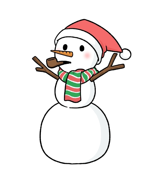 Three-tiered snowman wearing a Santa hat and holding a pipe tobacco