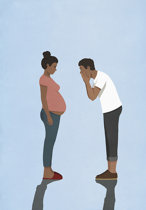 Surprised man looking at woman's pregnant baby bump, by Malte Mueller
