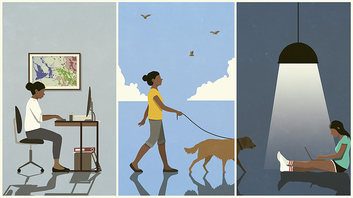 Day in the life series woman working, walking dog and surfing the internet, by Malte Mueller