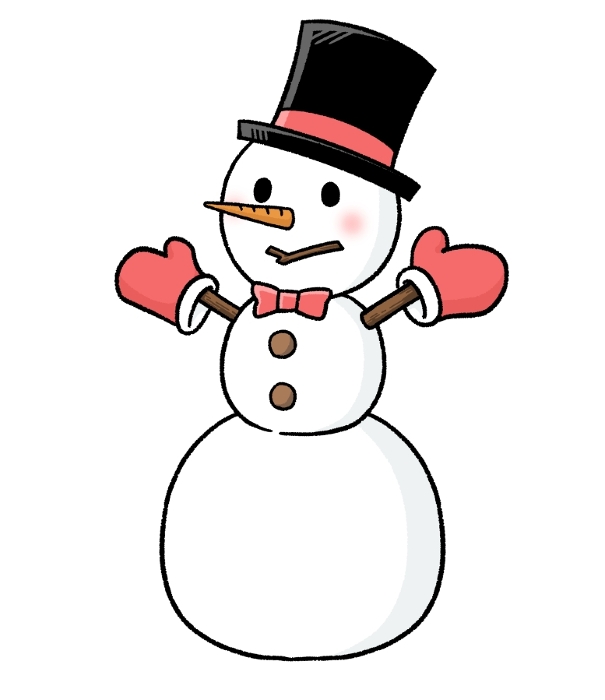 Three-tiered snowman wearing gloves and silk hat
