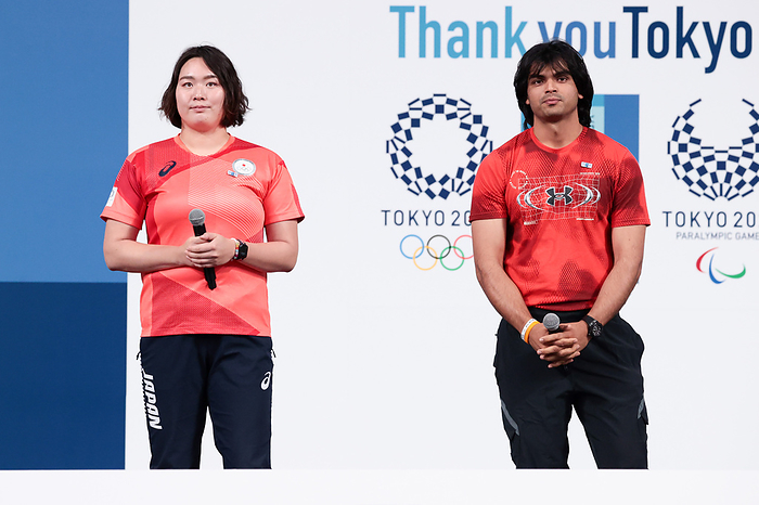 Tokyo 2020 1st Anniversary Event  Thank you Tokyo  Festival and Ceremony  L R  Haruka Kitaguchi  JPN , Neeraj Chopra  IND , OCTOBER 16, 2022 :  Thank You Tokyo  Festival and Ceremony , a commemorative ceremony for the end of the one year anniversary of the Olympic and Paralympic Games Tokyo 2020 holds at National Stadium in Tokyo, Japan. 