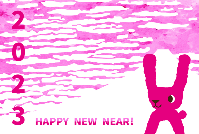 New Year's card for 2023: pink sky and cute pink rabbit with ukiyo-e style clouds and ink tone 1