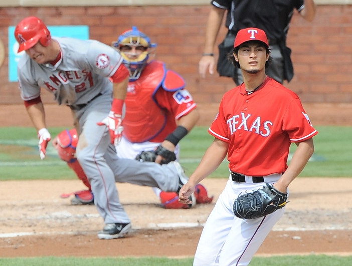 2012 MLB  Yu Darvish  Rangers , SEPTEMBER 30, 2012   MLB : Yu Darvish of the Texas Rangers pitches to Mike Trout of the Los Angeles Angels during the first Yu Darvish of the Texas Rangers pitches to Mike Trout of the Los Angeles Angels during the first game of a doubleheader at Rangers Ballpark in Arlington in Arlington, Texas, United States.