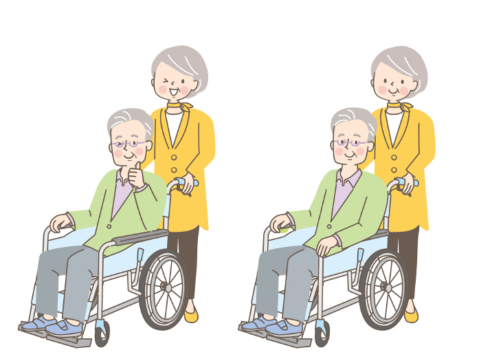 Senior woman assisting a senior man in a wheelchair