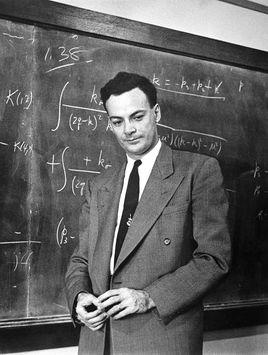 Richard Feynman  Date of filming unknown        NO ADVERTISING USAGE IN CONSUMER OR TRADE  MAGAZINES WITHOUT PRIOR WRITTEN APPROVAL       BRichard Feynman. b Portrait of the American atomic physicist Richard Phillips Feynman  1918 1988 . As a young man, Feynman worked on the American atomic bomb project. In the late 1940s, he developed the theory of quantum electrodynamics, the quantum mechanical view of the interaction of particles subject to the electromagnetic force. Feynman shared the 1965 Nobel Prize for Physics for this work. Feynman was a popular lecturer and a renowned entertainer. Photographed in 1954.  B      b  BNO ADVERTISING USAGE IN CONSUMER OR TRADE b  BMAGAZINES WITHOUT PRIOR WRITTEN APPROVAL       b