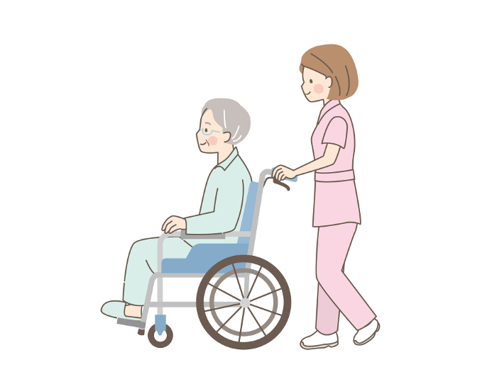 Clip art of a female nurse assisting a senior man in a wheelchair.