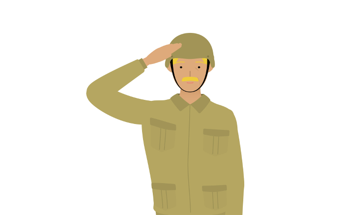 Senior male soldier posing, greeting and saluting