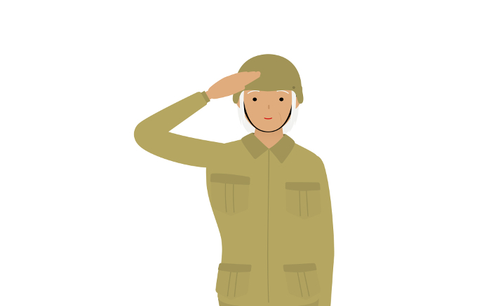 Senior female soldier posing, greeting and saluting