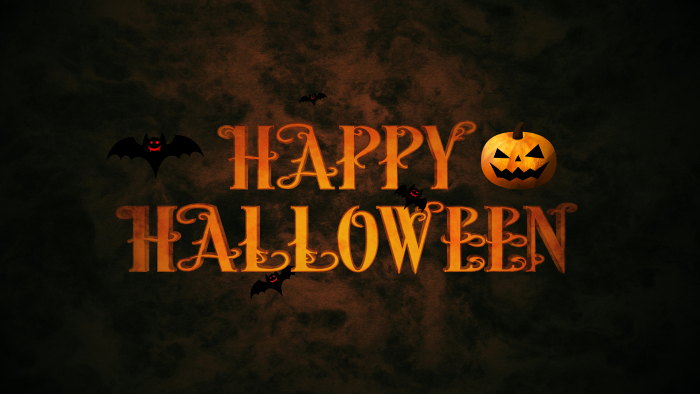 Happy Halloween, pumpkins, bats and logo on colored background