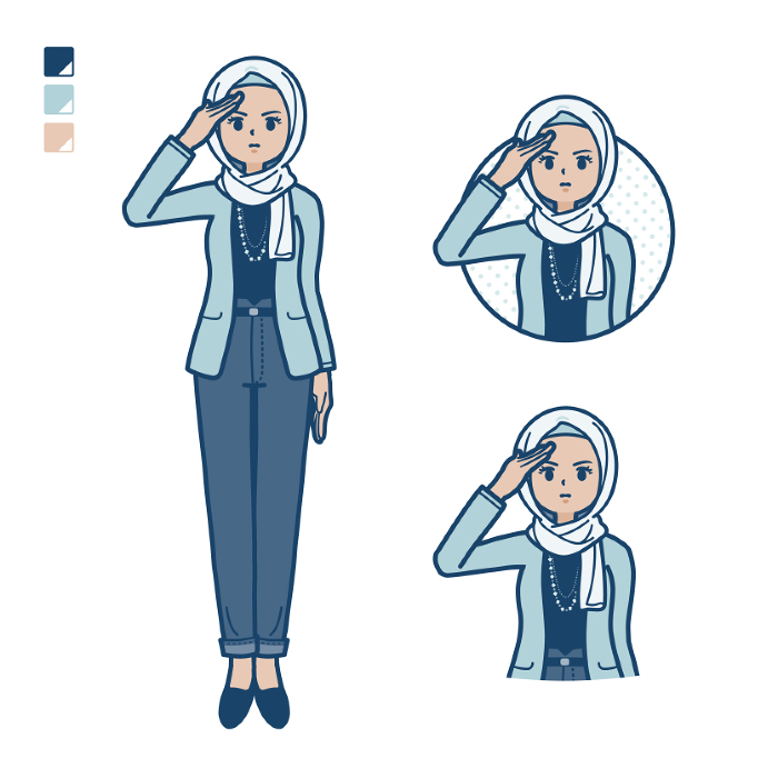 Illustration of an Arabic woman in casual fashion saluting.
