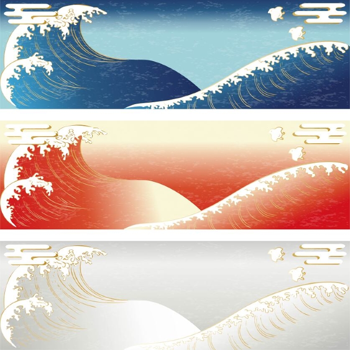 Ukiyo-e style ocean banner background copy space illustration set