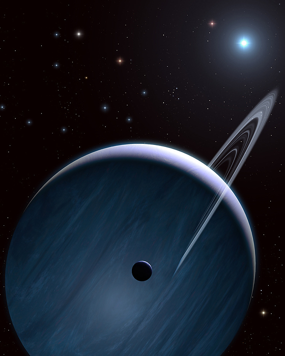 Exoplanet stolen by another star Scientists at Sheffield University, UK, used computational N body simulations of star forming regions to show that the  BEAST  planetary systems   planets orbiting massive stars   can form from the capture of a free floating planet, or the direct theft of a planet from one star to another, more massive star. They find that this occurs on average once in the first 10Myr of the evolution of a star forming region, and that the semimajor axes of the hitherto confirmed BEAST planets  290 and 556 AU  are more consistent with capture than theft. Their results lend further credence to the notion that planets on more distant   100 AU  orbits may not be orbiting their parent star. This image shows such a planet, orbiting a star that is not the one it was born orbiting., by MARK GARLICK SCIENCE PHOTO LIBRARY