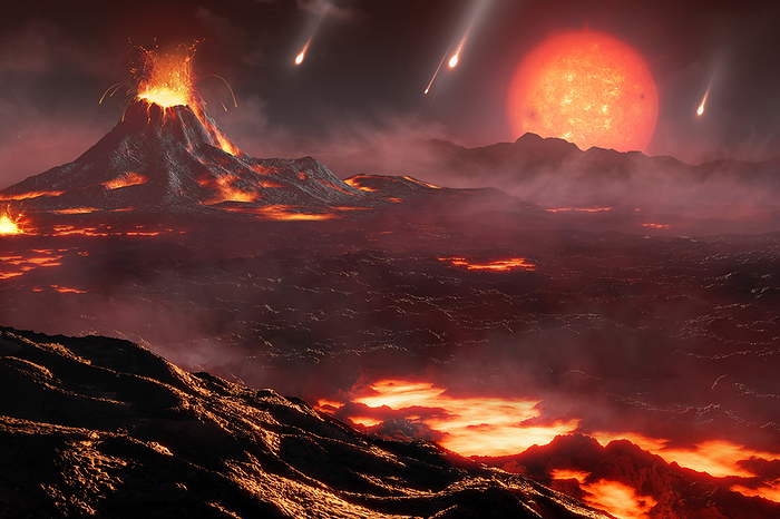 Artwork of a volcanic exoplanet Illustration of a young terrestrial exoplanet around an M dwarf star under intense asteroidal bombardment. Created for an Oxford University press release., by MARK GARLICK SCIENCE PHOTO LIBRARY