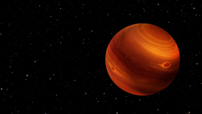 Nearby brown dwarf, illustration Illustration of nearby brown dwarf, 2MASS J22081363 2921215. Brown dwarfs are celestial objects that are more massive than a planet but not big enough to sustain nuclear fusion like a star. Located 115 light years from Earth, 2MASS J22081363 2921215 has a mottled atmosphere with scattered clouds and mysterious dark spots. Researchers used Multi Object Spectrograph for Infrared Exploration  MOSFIRE  at the W. M. Keck Observatory in Hawaii, USA to study the brown dwarf s colours and layer cloud cake structure., by NASA ESA Leah Hustak,STScI SCIENCE PHOTO LIBRARY
