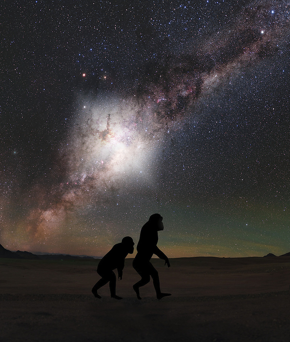 Hominids walking under a Milky Way flare, illustration Illustration showing hominids walking under a Milky Way flare that occurred 3.5 million years ago due to an explosion at the centre of the Milky Way., by NASA, ESA, G. Cecil  UNC, Chapel Hill  and J. DePasquale  STScI  SCIENCE PHOTO LIBRARY