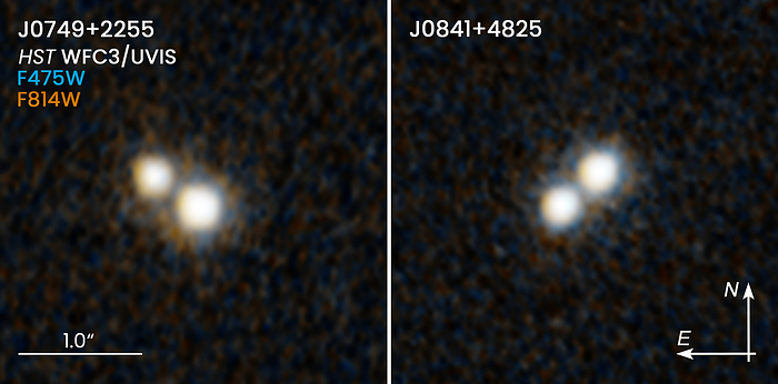 Two double quasars, HST images Hubble Space Telescope  HST  images showing two rare pairs of quasars. The image on the left shows the quasar pair J0749 2255. The image on the right shows the quasar pair J0841 4825. The quasars existed 10 billion years ago and each pair of quasars were discovered to be within 10,000 light years within each other. Quasars are very distant, yet extremely luminous astronomical objects. They are thought to be the centres of active galaxies, emitting vast quantities of high energy radiation as matter gravitates towards supermassive black holes. Each of the four quasars are in a host galaxy. The two pairs of host galaxies inhabited by each double quasar will eventually merge. The quasars will then tightly orbit each other until they eventually spiral together and coalesce, resulting in an even more massive, but solitary black hole. Both images were photographed by Wide Field Camera 3. The image of J0749 2255 was photographed on the 5th of January 2020. The image of J0749 2255 was photographed on the 30th of November 2019., by NASA ESA STScI SCIENCE PHOTO LIBRARY