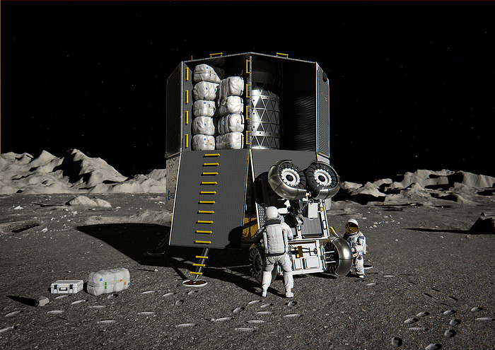 Large Logistic Lander unloading cargo, illustration Illustration of astronauts unloading cargo from the Heracles European Large Logistic Lander  EL3 . Heracles  Human enhanced robotic architecture and capability for lunar exploration and science  is a robotic transport system planned to support lunar mission. It is a joint programme between Europe  ESA , Japan  JAXA  and Canada  CSA . The EL3 can be configured for use as a cargo transporter, sample return vehicle, or to prospect for lunar resources., by ESA ATG Medialab SCIENCE PHOTO LIBRARY