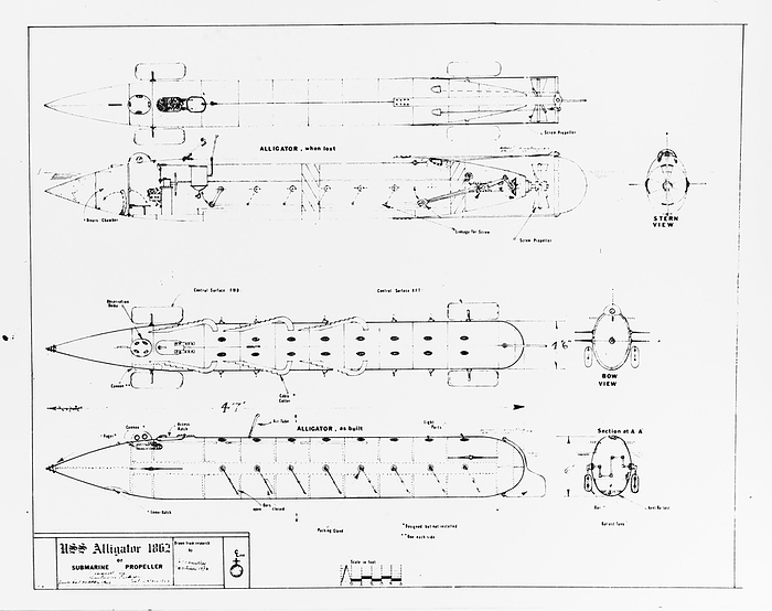 Reconstructed plan of USS Alligator submarine Reconstructed plan of the USS Alligator submarine by James P. Christley in 1978, based on his research. Launched on the 1st of May 1862, the USS Alligator was the US Navy s first submarine. It was designed by French engineer Brutus de Villeroi  1794 1874 . USS Alligator measured 14 metres in length and was originally propelled by oars. The oars were eventually replaced with a hand cranked screw propeller. The submarine was in service during the American Civil War. THE USS Alligator sunk in 1862 after one of the lines holding it to its mother vessel USS Sumpter during a storm off Cape Hatteras, North Carolina, USA., by US NAVY SCIENCE PHOTO LIBRARY