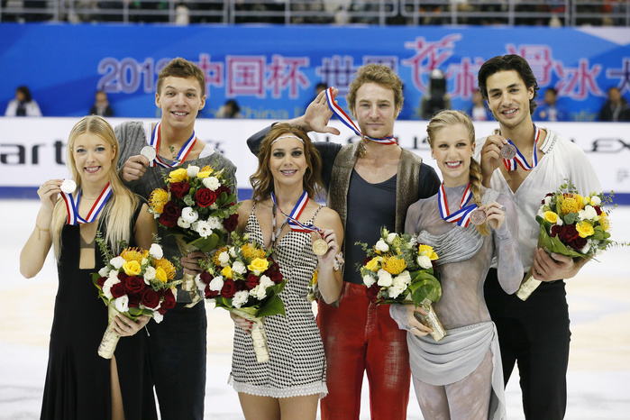 GP Series China Ice Dance Awards  L to R  Ekaterina Bobrova, Dmitri Solovviev  RUS , Nathalie Pechalat, Fabian Bourzat  FRA , Kaitlyn Weaver, Andrew Poje  CAN ,  NOVEMBER 3, 2012   Figure Skating :  Ice Dance medalist pose during  ISU Grand Prix of Figure Skating 2012 2013 Cup of China 2012 Ice Dance victory ceremony at Shanghai Oriental Sport Center, Shanghai, China.  Photo by AFLO SPORT   1090 