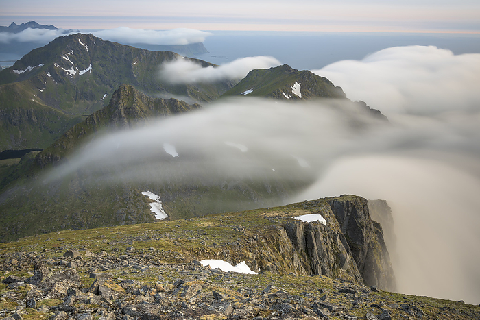 Foggy mood in the mountains, Flakstadsoeya, Lofoten, Norway
