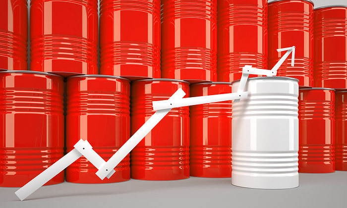 many stacked barrels as industry symbol with arrow - 3D Illustration